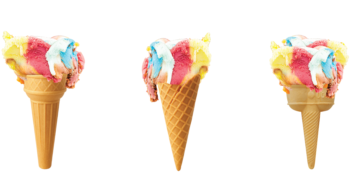 Soft Serve, Gelato & Sorbet are available in   3 cone styles